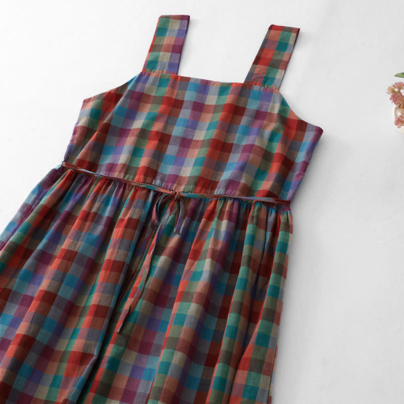 Nimara Ritual Summer Casual Vintage Drawstring Rainbow Plaid Women's Summer Sleeveless Dress