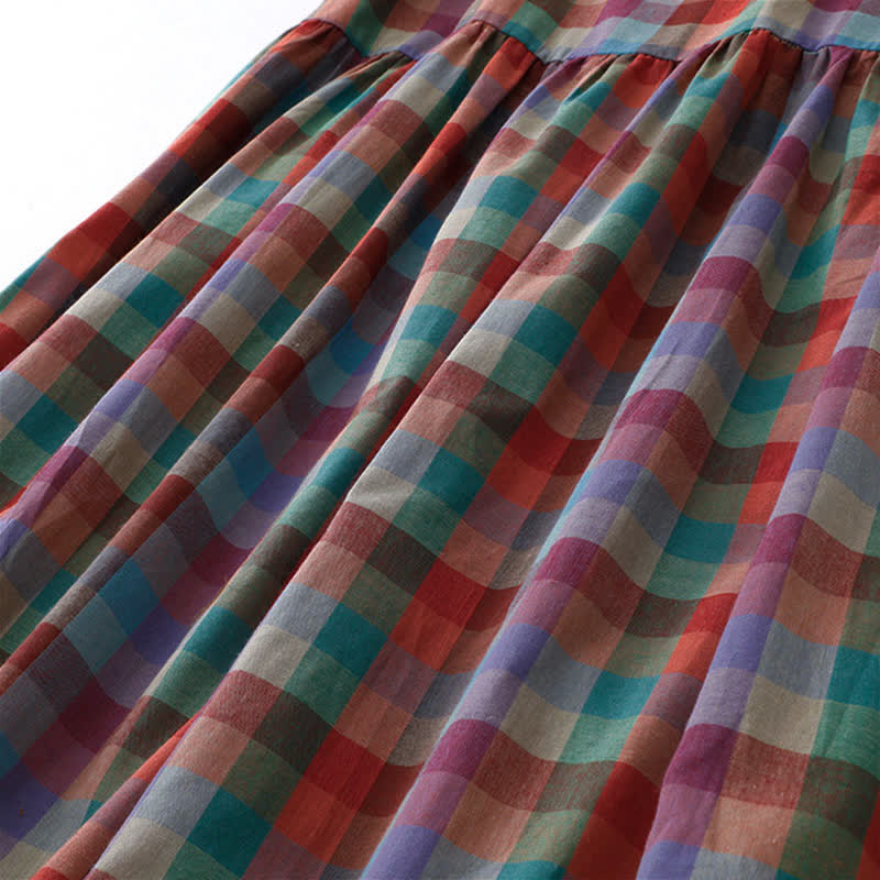 Nimara Ritual Summer Casual Vintage Drawstring Rainbow Plaid Women's Summer Sleeveless Dress
