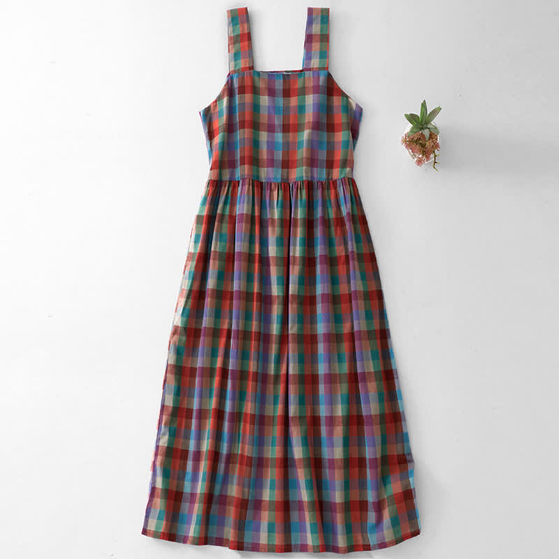 Nimara Ritual Summer Casual Vintage Drawstring Rainbow Plaid Women's Summer Sleeveless Dress
