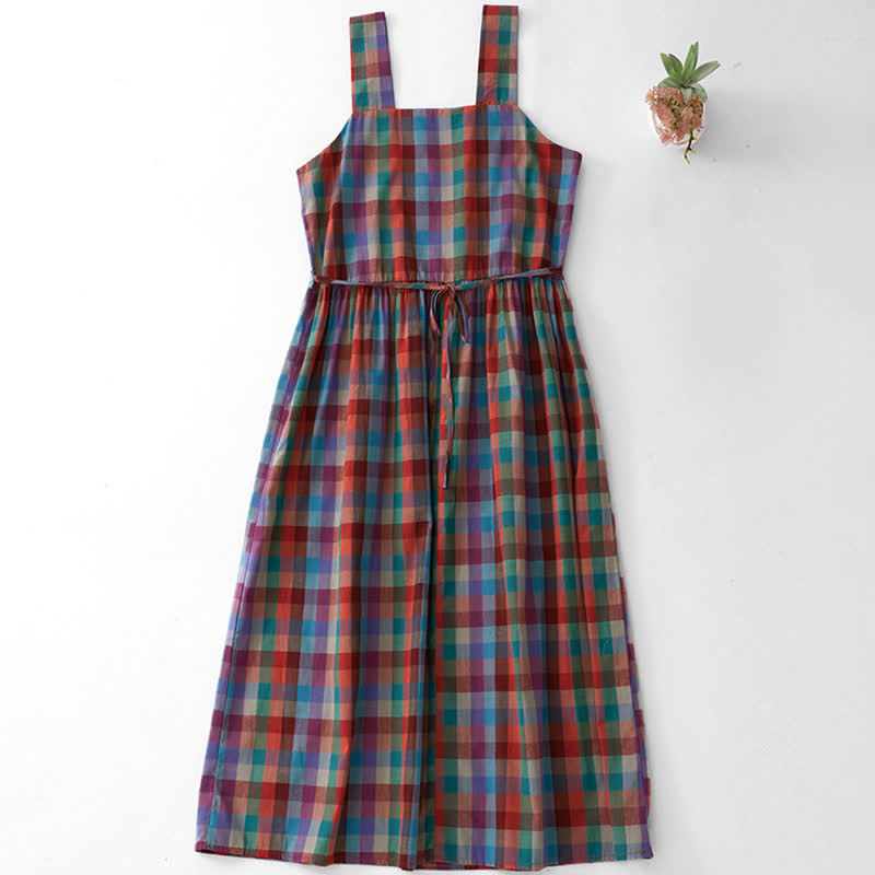 Nimara Ritual Summer Casual Vintage Drawstring Rainbow Plaid Women's Summer Sleeveless Dress