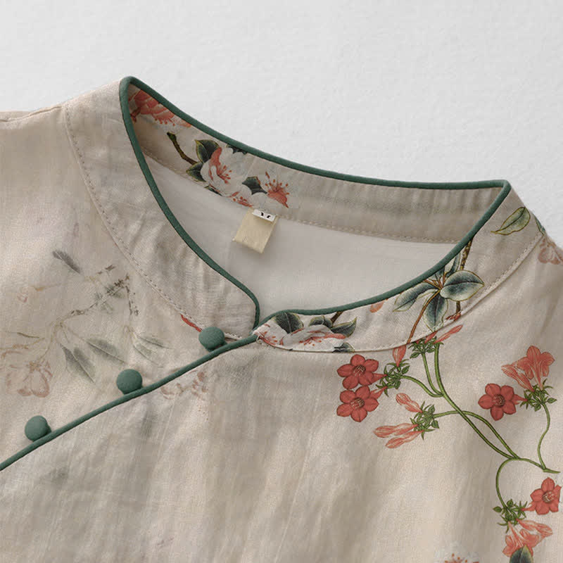 Nimara Ritual Summer Tang Style Mandarin Collar Small Red Flowers Women's Short Sleeve Dress