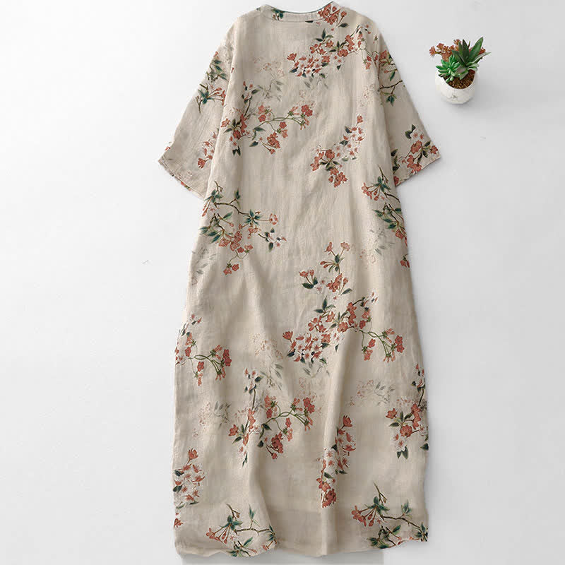 Nimara Ritual Summer Tang Style Mandarin Collar Small Red Flowers Women's Short Sleeve Dress
