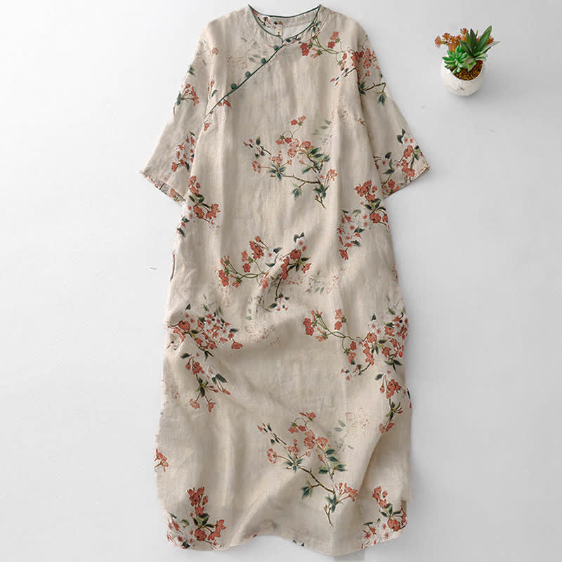 Nimara Ritual Summer Tang Style Mandarin Collar Small Red Flowers Women's Short Sleeve Dress