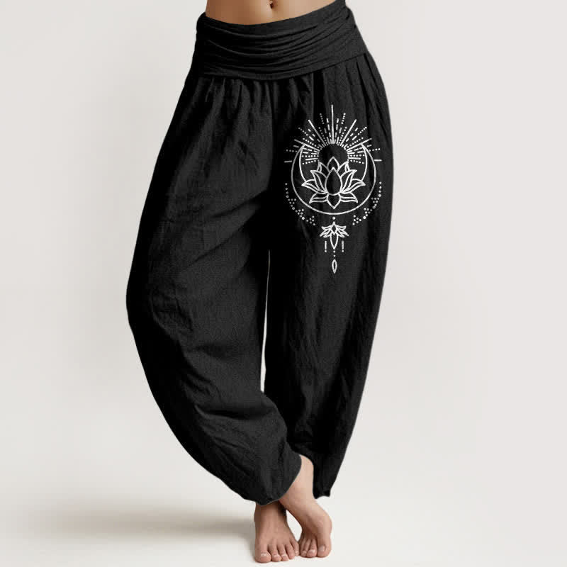 Nimara Ritual Pure Cotton Lotus Pattern Women's Elastic Waist Harem Pants