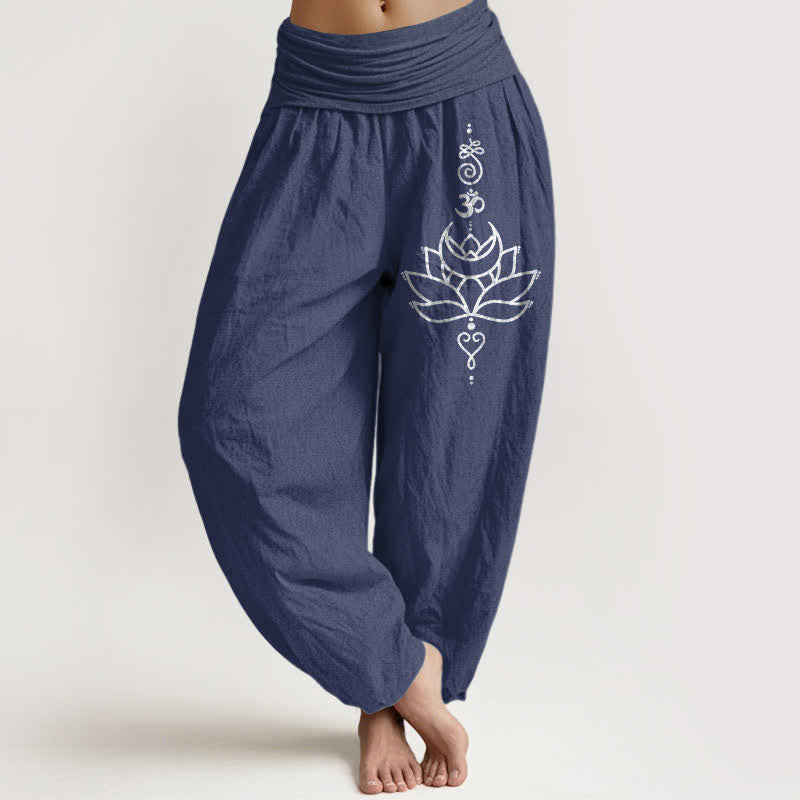 Nimara Ritual Pure Cotton Lotus Bloom Pattern Women's Elastic Waist Harem Pants
