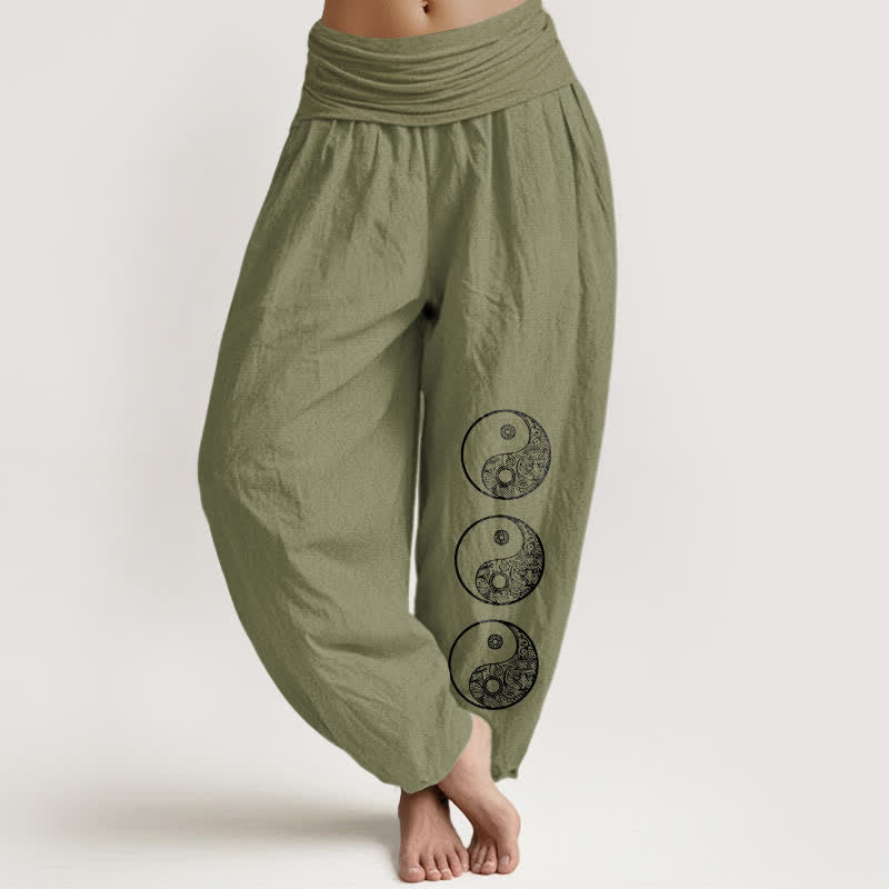 Nimara Ritual Pure Cotton Yin Yang Pattern Women's Elastic Waist Harem Pants