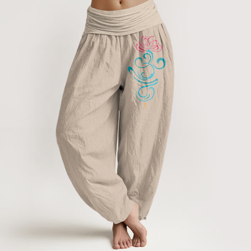 Nimara Ritual Pure Cotton Deep Pink Lotus Blue Swirl Pattern Women's Elastic Waist Harem Pants
