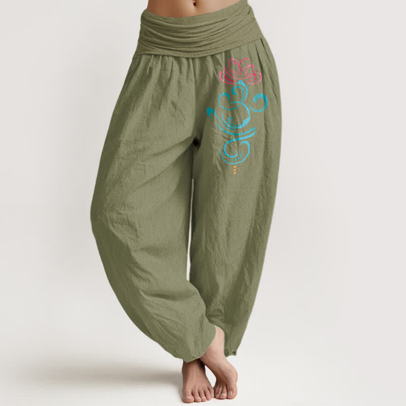 Nimara Ritual Pure Cotton Deep Pink Lotus Blue Swirl Pattern Women's Elastic Waist Harem Pants