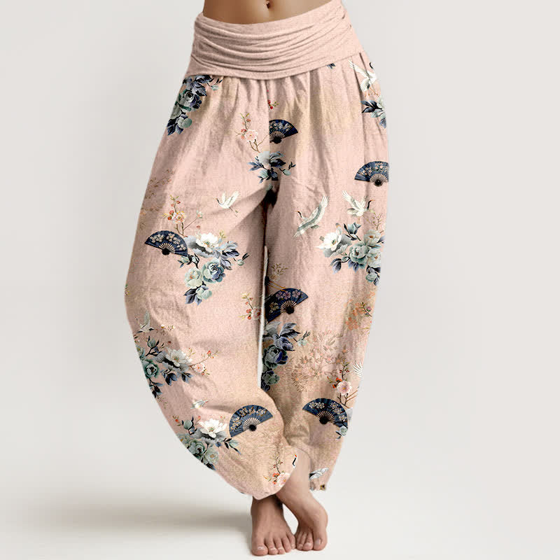 Nimara Ritual Cotton Crane Fan Floral Pattern Women's Elastic Waist Harem Pants