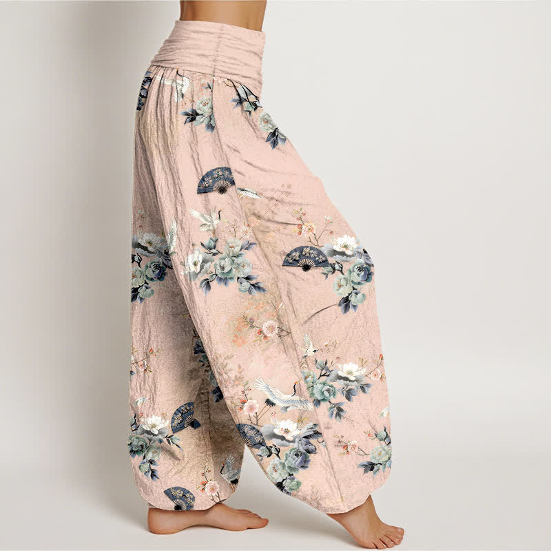 Nimara Ritual Cotton Crane Fan Floral Pattern Women's Elastic Waist Harem Pants
