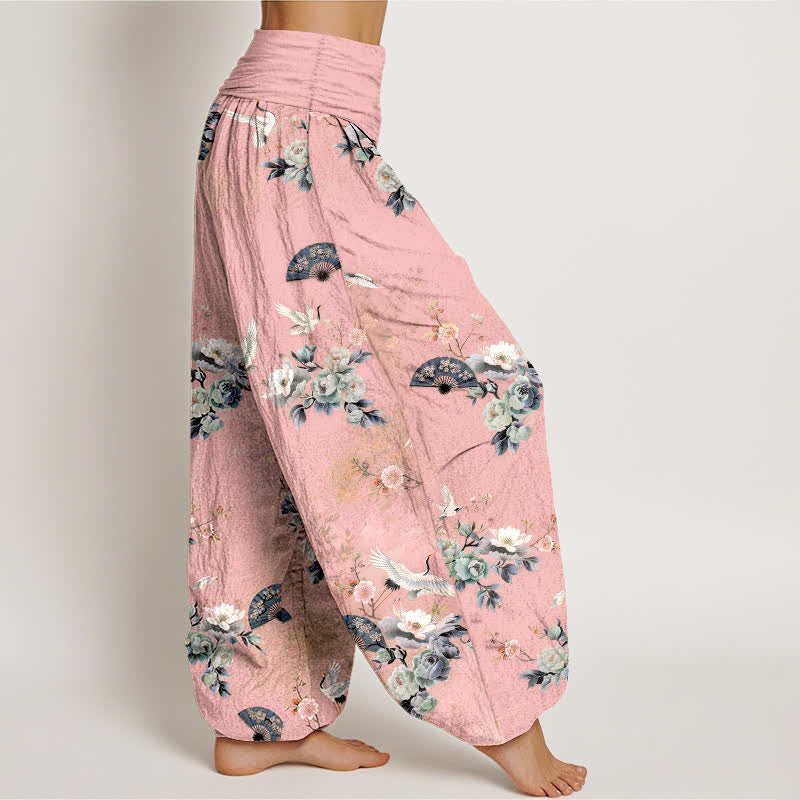 Nimara Ritual Cotton Crane Fan Floral Pattern Women's Elastic Waist Harem Pants