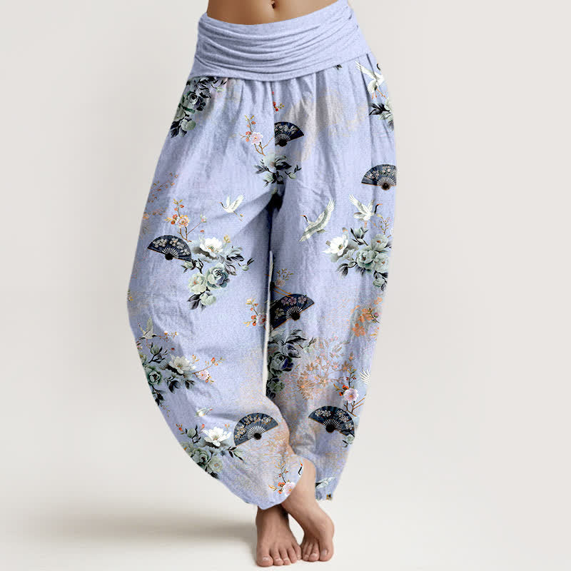 Nimara Ritual Cotton Crane Fan Floral Pattern Women's Elastic Waist Harem Pants
