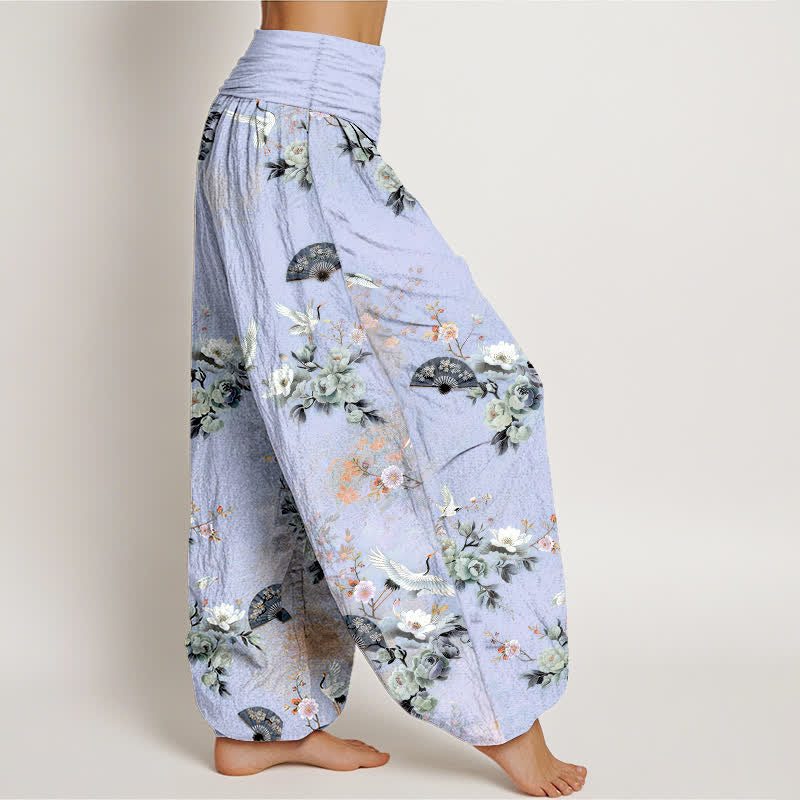 Nimara Ritual Cotton Crane Fan Floral Pattern Women's Elastic Waist Harem Pants