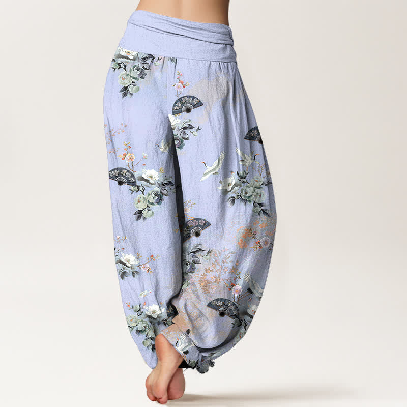 Nimara Ritual Cotton Crane Fan Floral Pattern Women's Elastic Waist Harem Pants