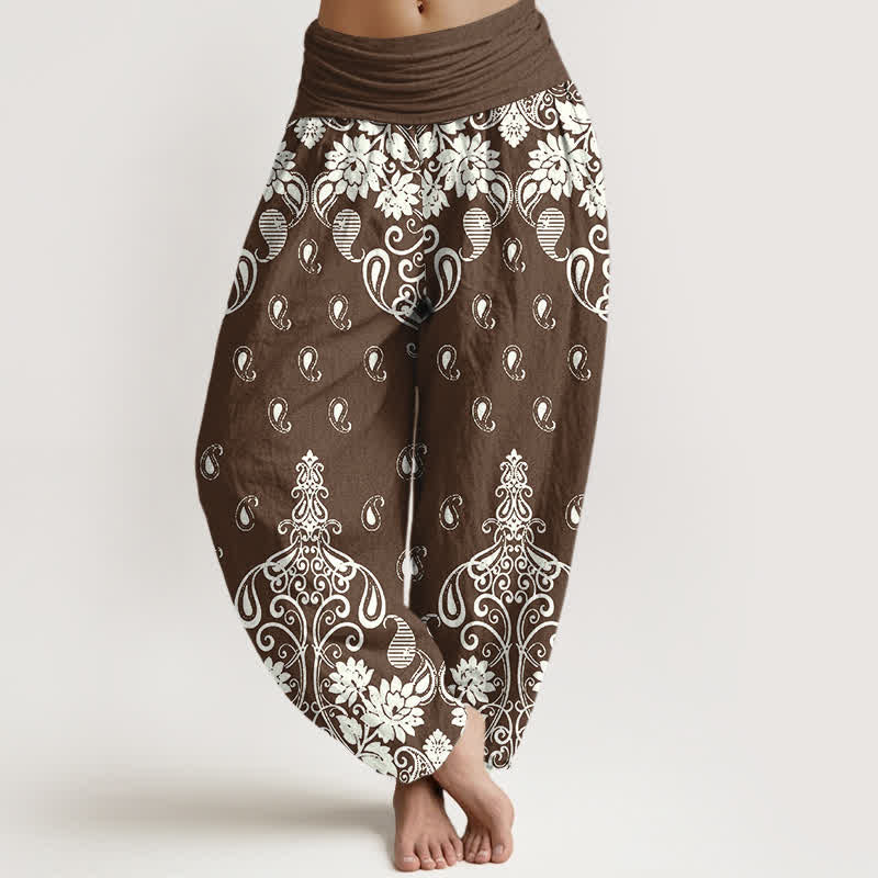 Nimara Ritual Pure Cotton White Paisley Floral Pattern Women's Elastic Waist Harem Pants