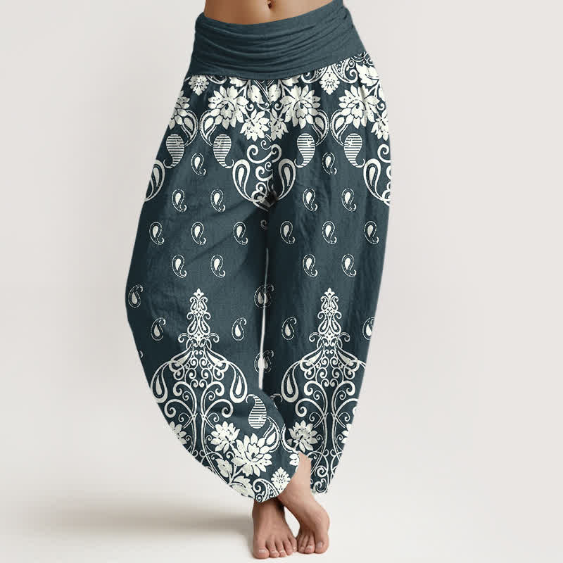 Nimara Ritual Pure Cotton White Paisley Floral Pattern Women's Elastic Waist Harem Pants
