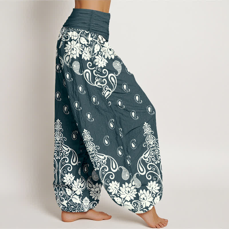 Nimara Ritual Pure Cotton White Paisley Floral Pattern Women's Elastic Waist Harem Pants