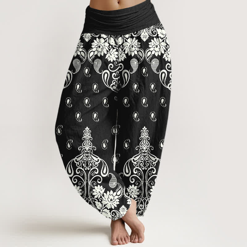 Nimara Ritual Pure Cotton White Paisley Floral Pattern Women's Elastic Waist Harem Pants
