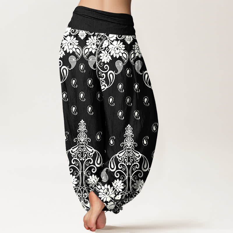 Nimara Ritual Pure Cotton White Paisley Floral Pattern Women's Elastic Waist Harem Pants