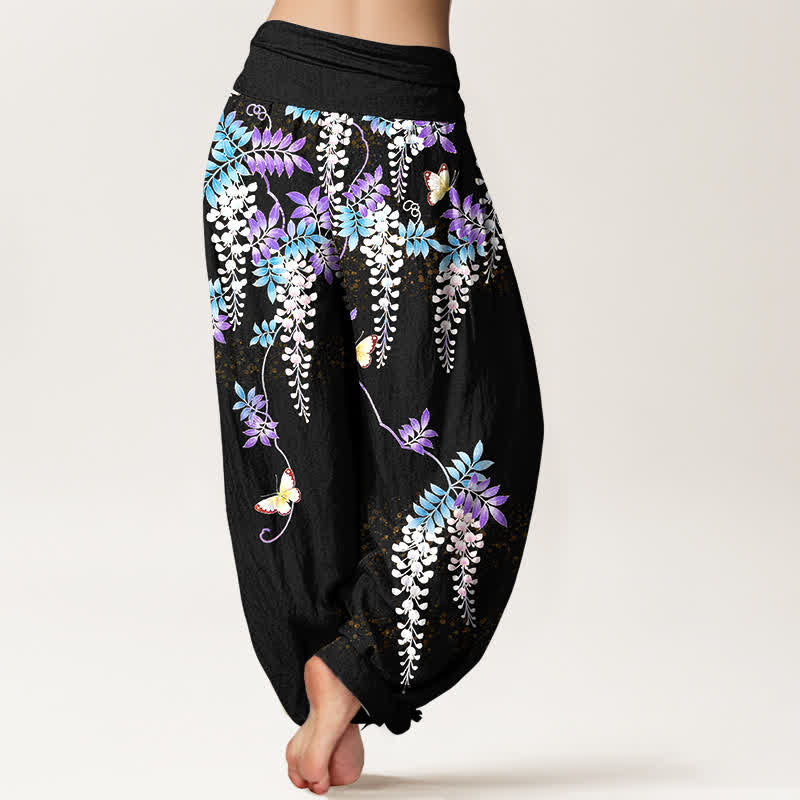 Nimara Ritual Pure Cotton Wisteria Butterfly Pattern Women's Elastic Waist Harem Pants