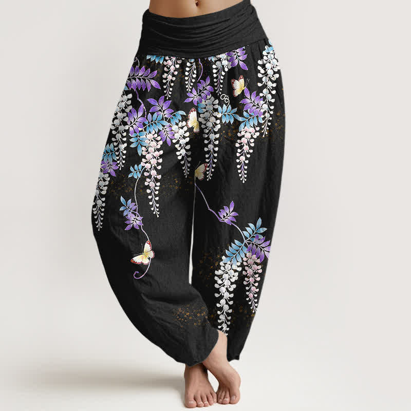 Nimara Ritual Pure Cotton Wisteria Butterfly Pattern Women's Elastic Waist Harem Pants