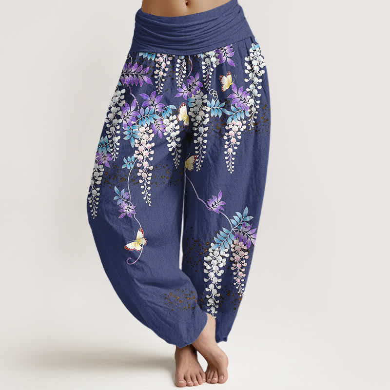 Nimara Ritual Pure Cotton Wisteria Butterfly Pattern Women's Elastic Waist Harem Pants
