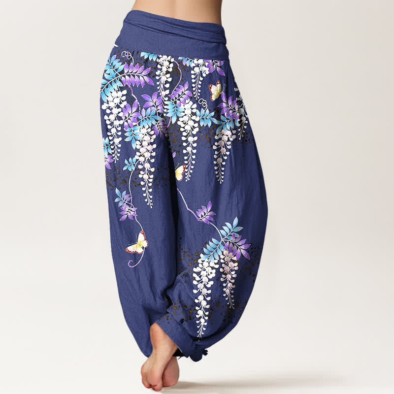 Nimara Ritual Pure Cotton Wisteria Butterfly Pattern Women's Elastic Waist Harem Pants