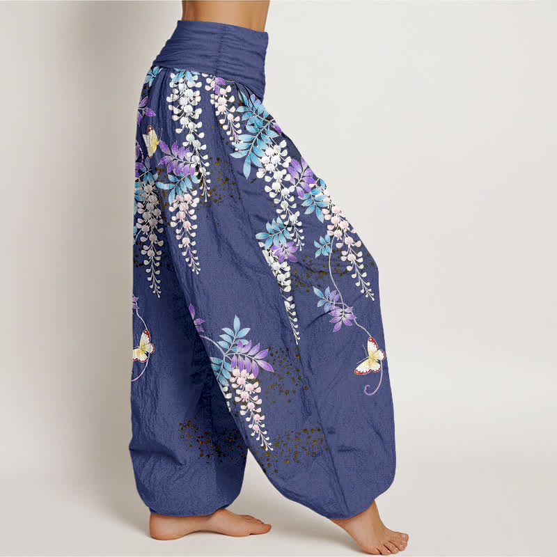 Nimara Ritual Pure Cotton Wisteria Butterfly Pattern Women's Elastic Waist Harem Pants