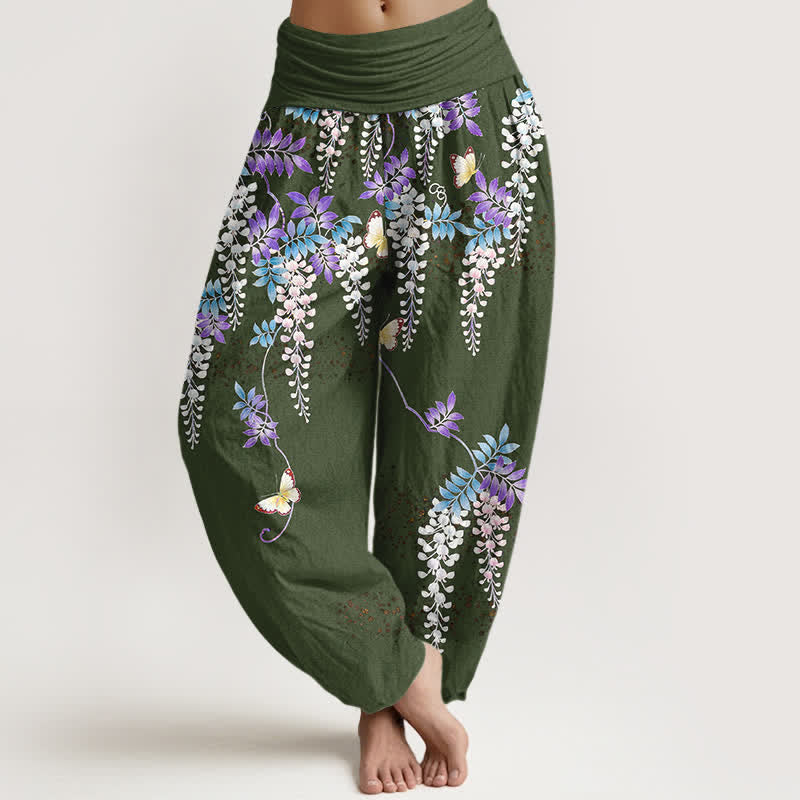 Nimara Ritual Pure Cotton Wisteria Butterfly Pattern Women's Elastic Waist Harem Pants