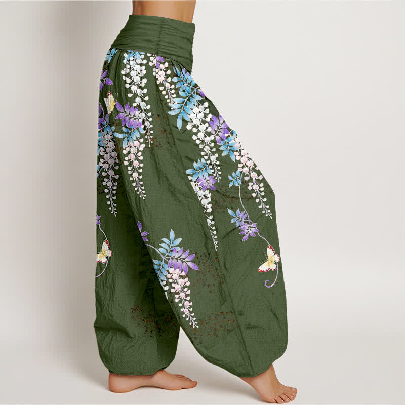 Nimara Ritual Pure Cotton Wisteria Butterfly Pattern Women's Elastic Waist Harem Pants
