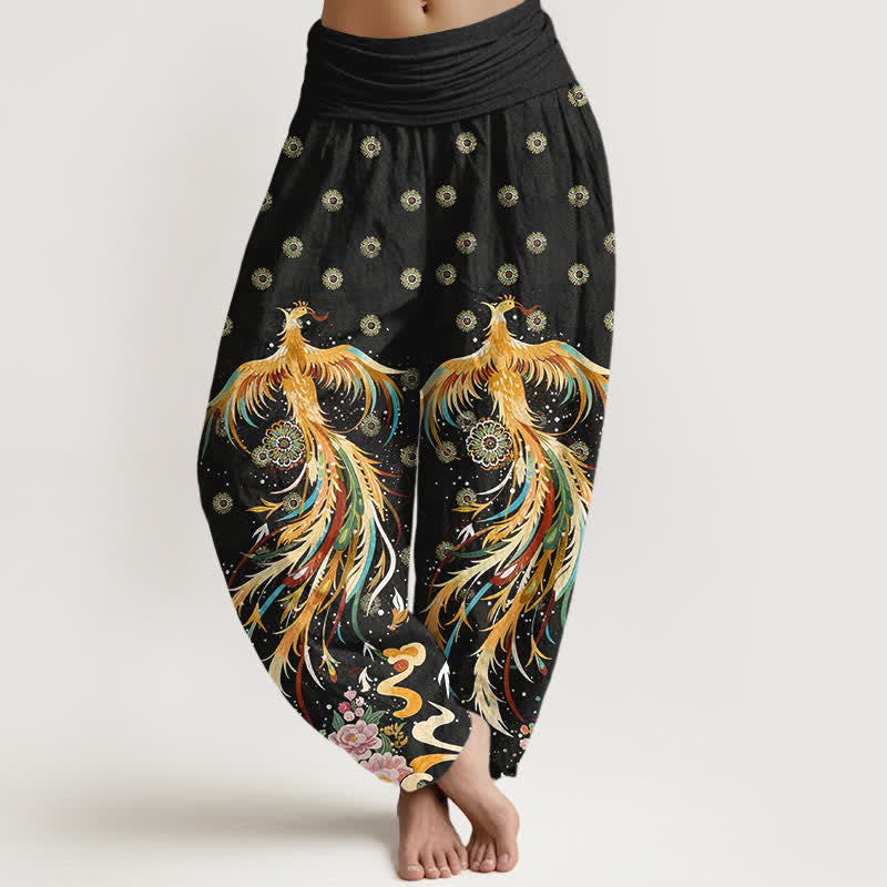 Nimara Ritual Cotton Gold Phoenix Pattern Women's Elastic Waist Harem Pants