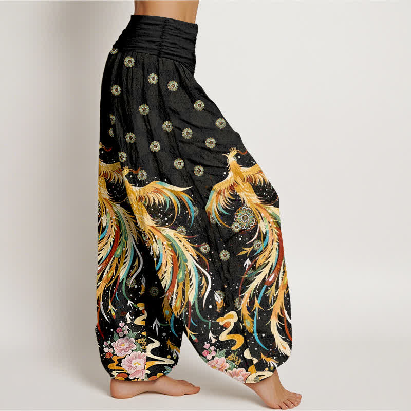 Nimara Ritual Cotton Gold Phoenix Pattern Women's Elastic Waist Harem Pants