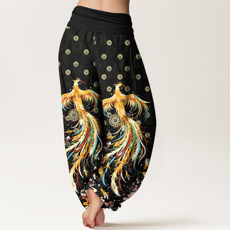 Nimara Ritual Cotton Gold Phoenix Pattern Women's Elastic Waist Harem Pants