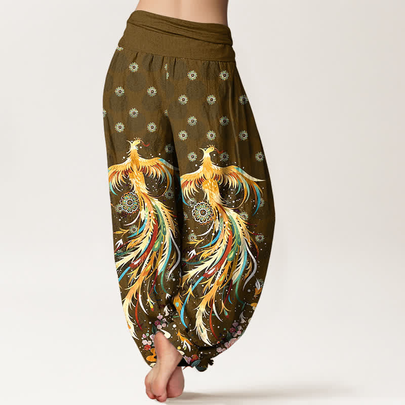 Nimara Ritual Cotton Gold Phoenix Pattern Women's Elastic Waist Harem Pants