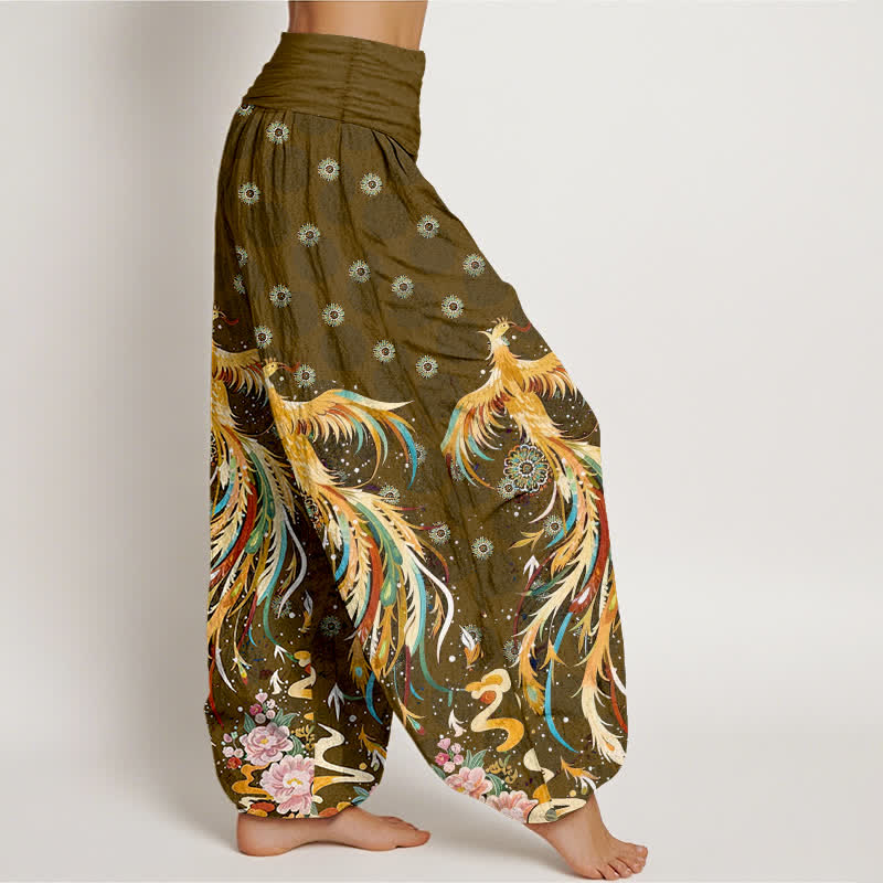 Nimara Ritual Cotton Gold Phoenix Pattern Women's Elastic Waist Harem Pants