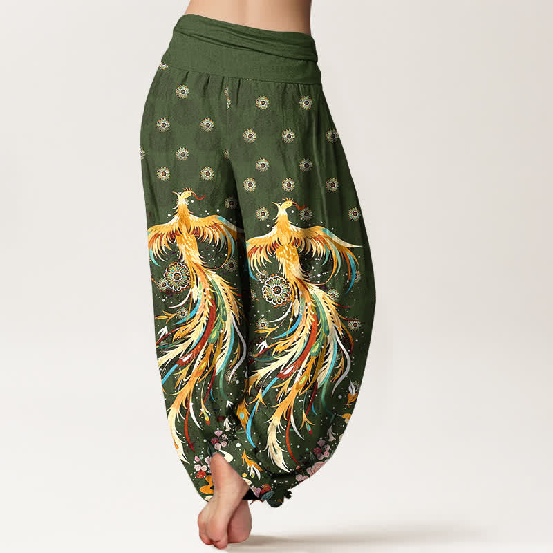 Nimara Ritual Cotton Gold Phoenix Pattern Women's Elastic Waist Harem Pants