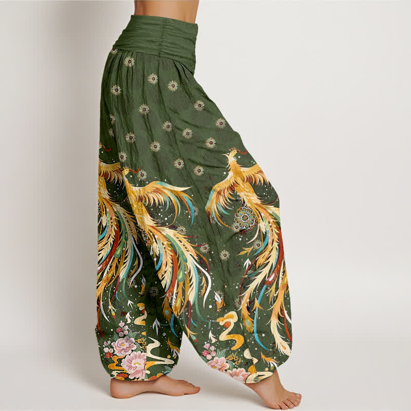 Nimara Ritual Cotton Gold Phoenix Pattern Women's Elastic Waist Harem Pants