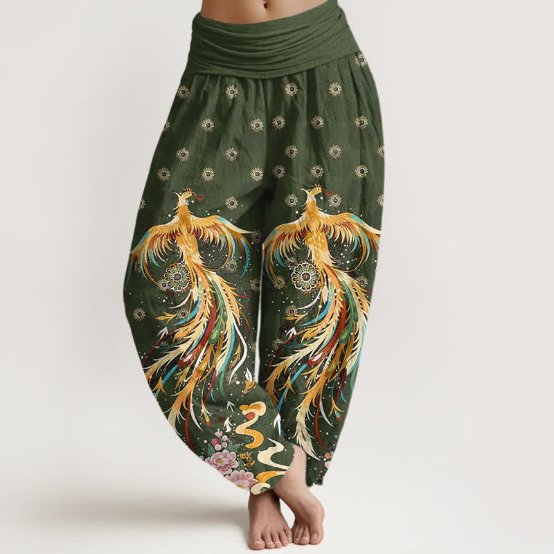 Nimara Ritual Cotton Gold Phoenix Pattern Women's Elastic Waist Harem Pants