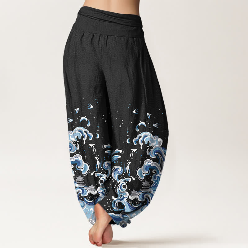 Nimara Ritual Cotton Ocean Blue Wave Pattern Women's Elastic Waist Harem Pants