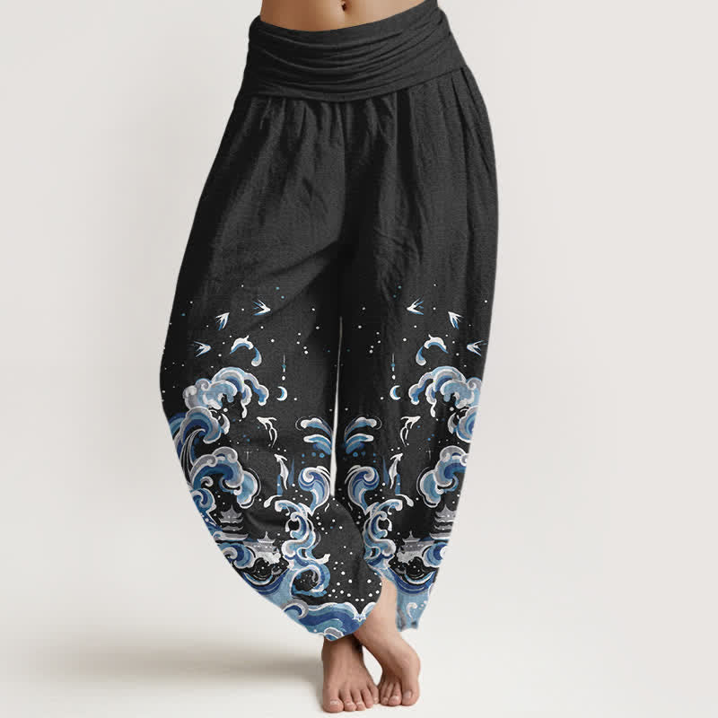 Nimara Ritual Cotton Ocean Blue Wave Pattern Women's Elastic Waist Harem Pants