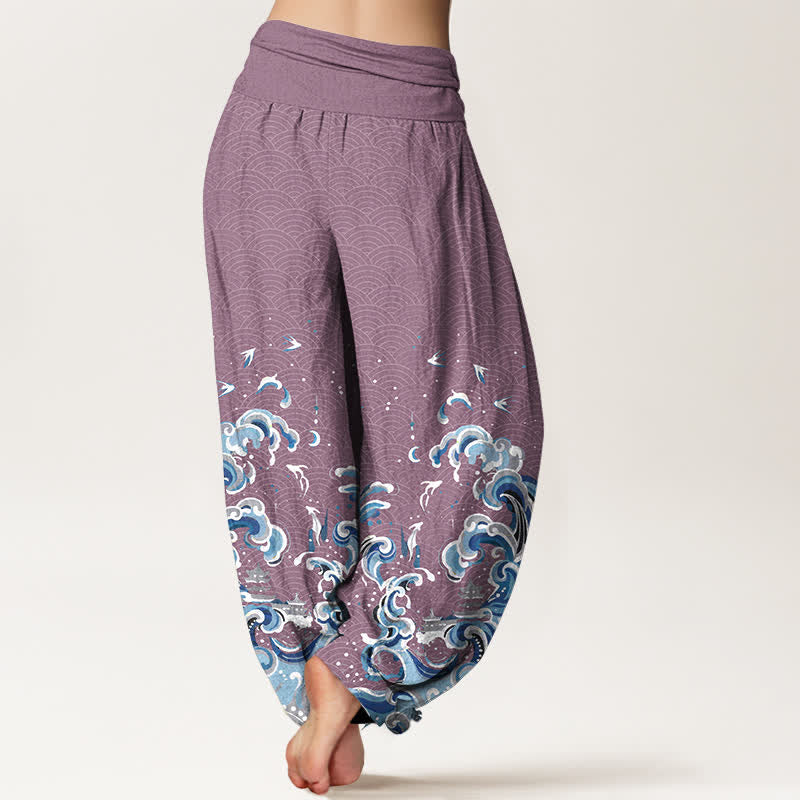 Nimara Ritual Cotton Ocean Blue Wave Pattern Women's Elastic Waist Harem Pants