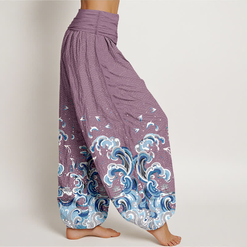 Nimara Ritual Cotton Ocean Blue Wave Pattern Women's Elastic Waist Harem Pants