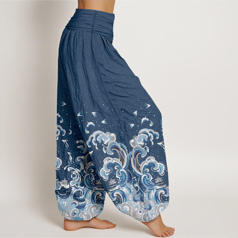Nimara Ritual Cotton Ocean Blue Wave Pattern Women's Elastic Waist Harem Pants