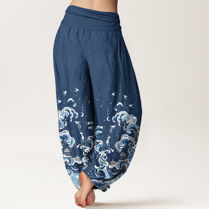 Nimara Ritual Cotton Ocean Blue Wave Pattern Women's Elastic Waist Harem Pants