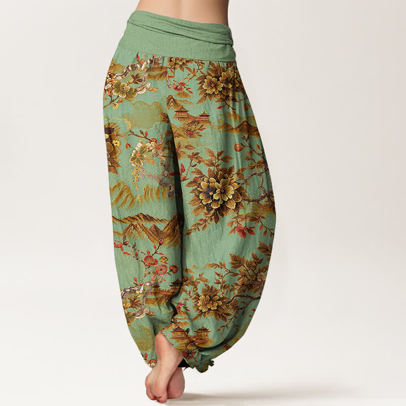 Nimara Ritual Cotton Vintage DarkGoldenrod Floral Landscape Pattern Women's Elastic Waist Harem Pants