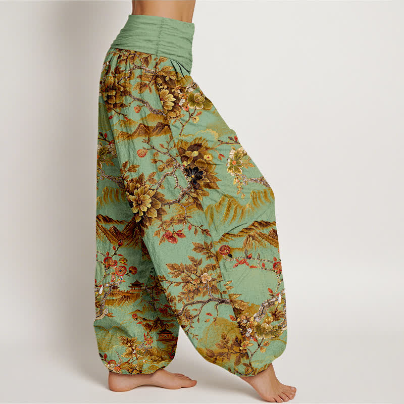 Nimara Ritual Cotton Vintage DarkGoldenrod Floral Landscape Pattern Women's Elastic Waist Harem Pants