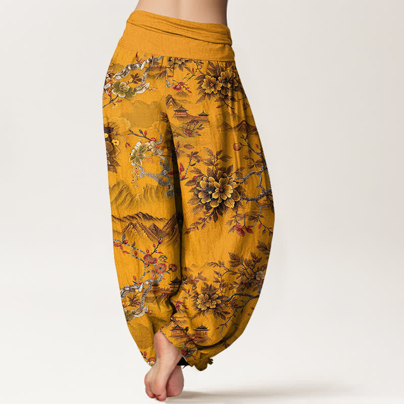 Nimara Ritual Cotton Vintage DarkGoldenrod Floral Landscape Pattern Women's Elastic Waist Harem Pants