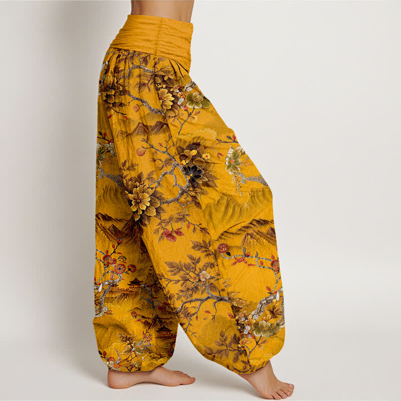 Nimara Ritual Cotton Vintage DarkGoldenrod Floral Landscape Pattern Women's Elastic Waist Harem Pants