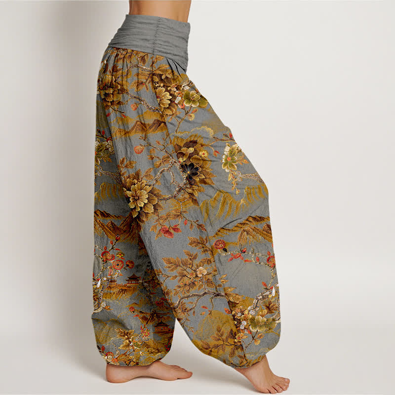 Nimara Ritual Cotton Vintage DarkGoldenrod Floral Landscape Pattern Women's Elastic Waist Harem Pants
