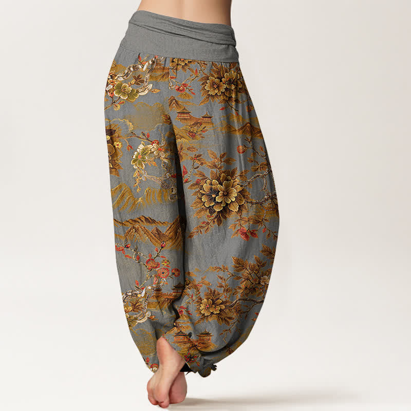 Nimara Ritual Cotton Vintage DarkGoldenrod Floral Landscape Pattern Women's Elastic Waist Harem Pants